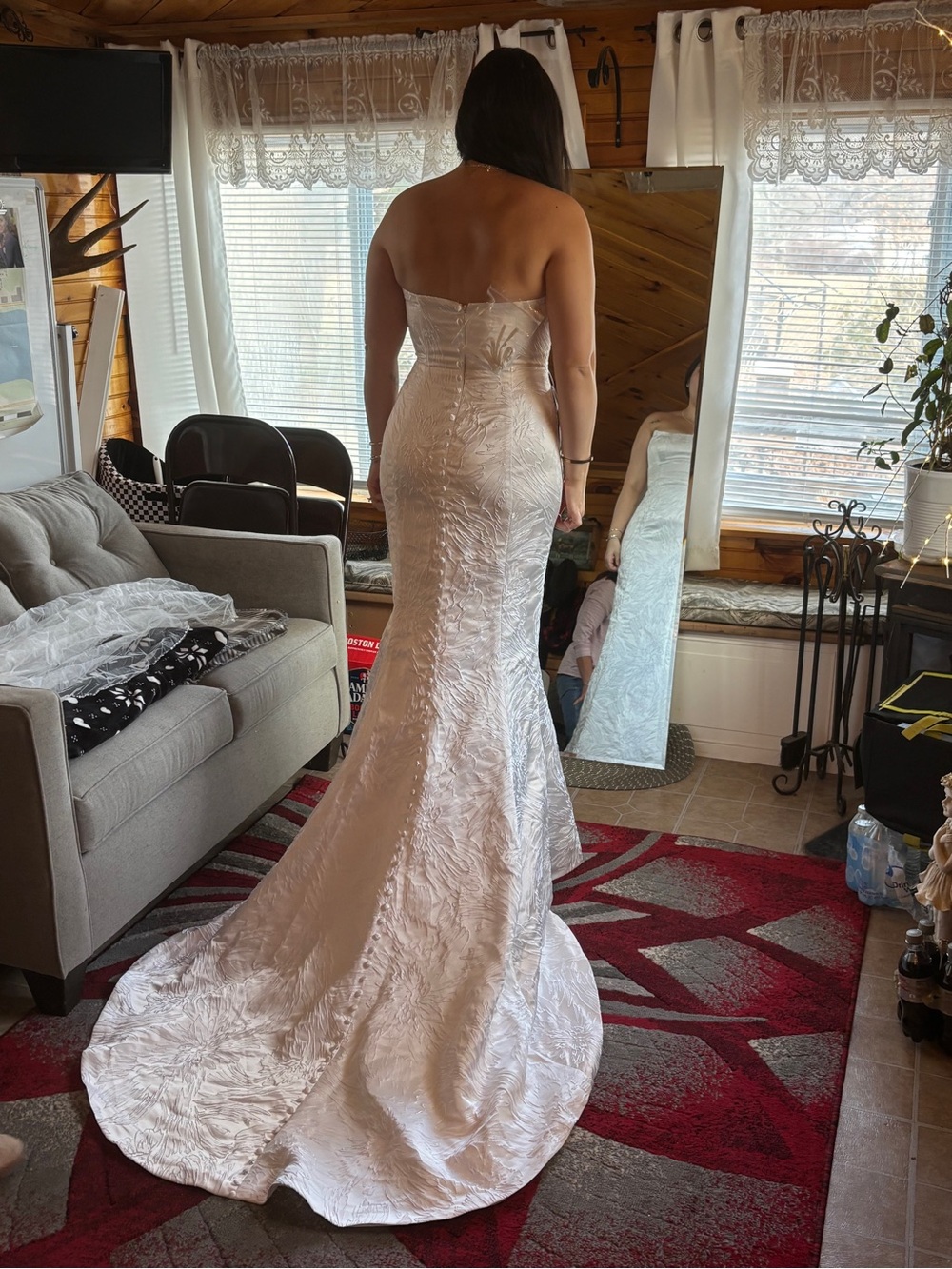 Azazie Strapless White Floral Jacquard Wedding Dress